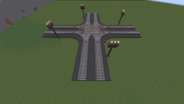 Featured image of 4 way train intersection with signals. right hand drive, 3 block seperation.